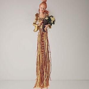 Christmas Angel Ornament Gold Tassel Beaded Dress Feather Wing Bouquet 10"